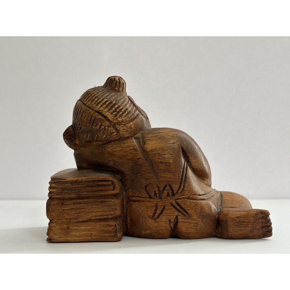 Vintage Wooden Sleeping Asian Child Resting on Books Lucky Charm Oriental Decor - Picture 3 of 8